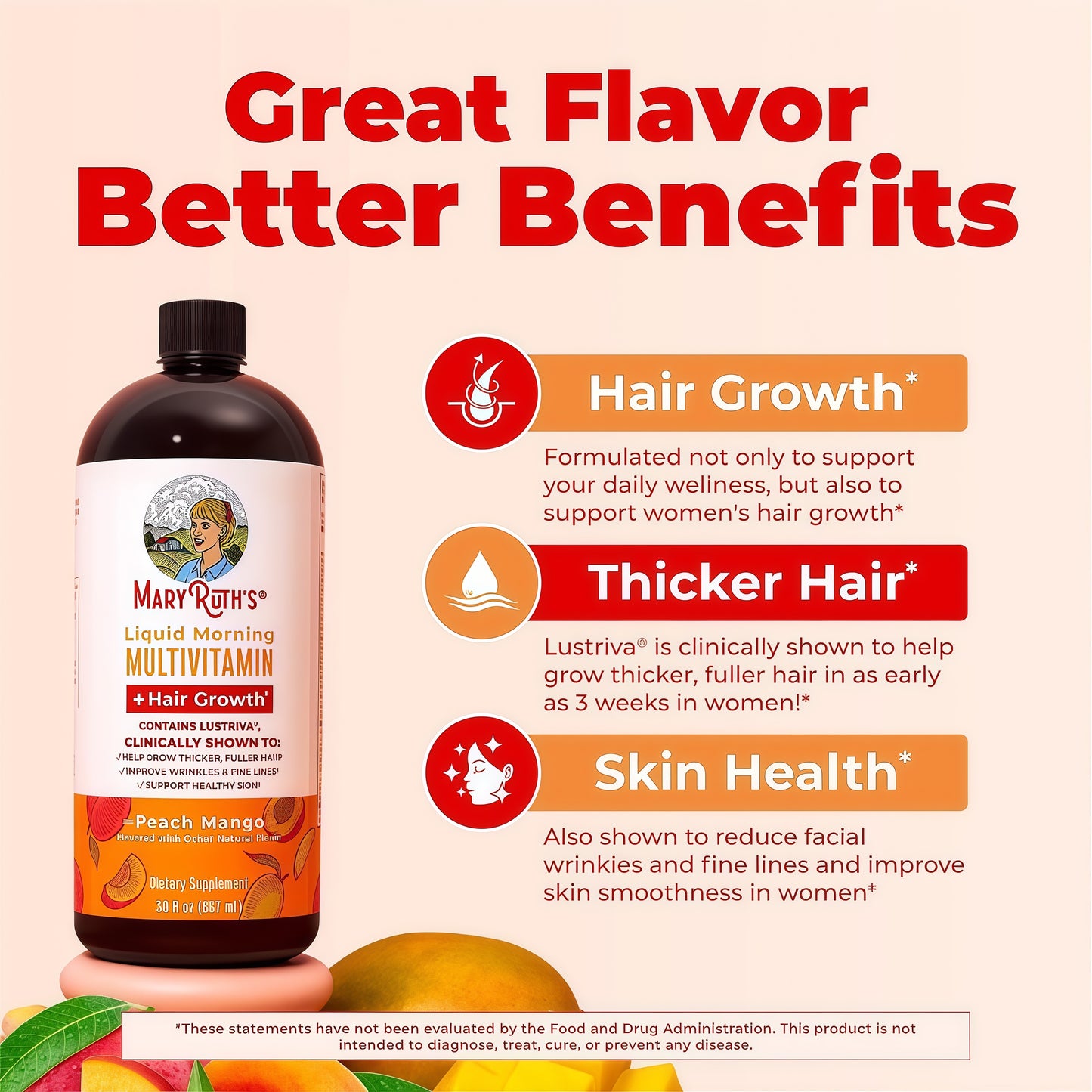 MARYRUTH'S Liquid Multivitamin + Hair Growth | Clinically Tested in Women for Thicker Hair & Facial Wrinkles | Biotin 10000mcg | Lustriva Hair Growth Supplements | Skin Care | Ages 18+ | 30 Fl Oz