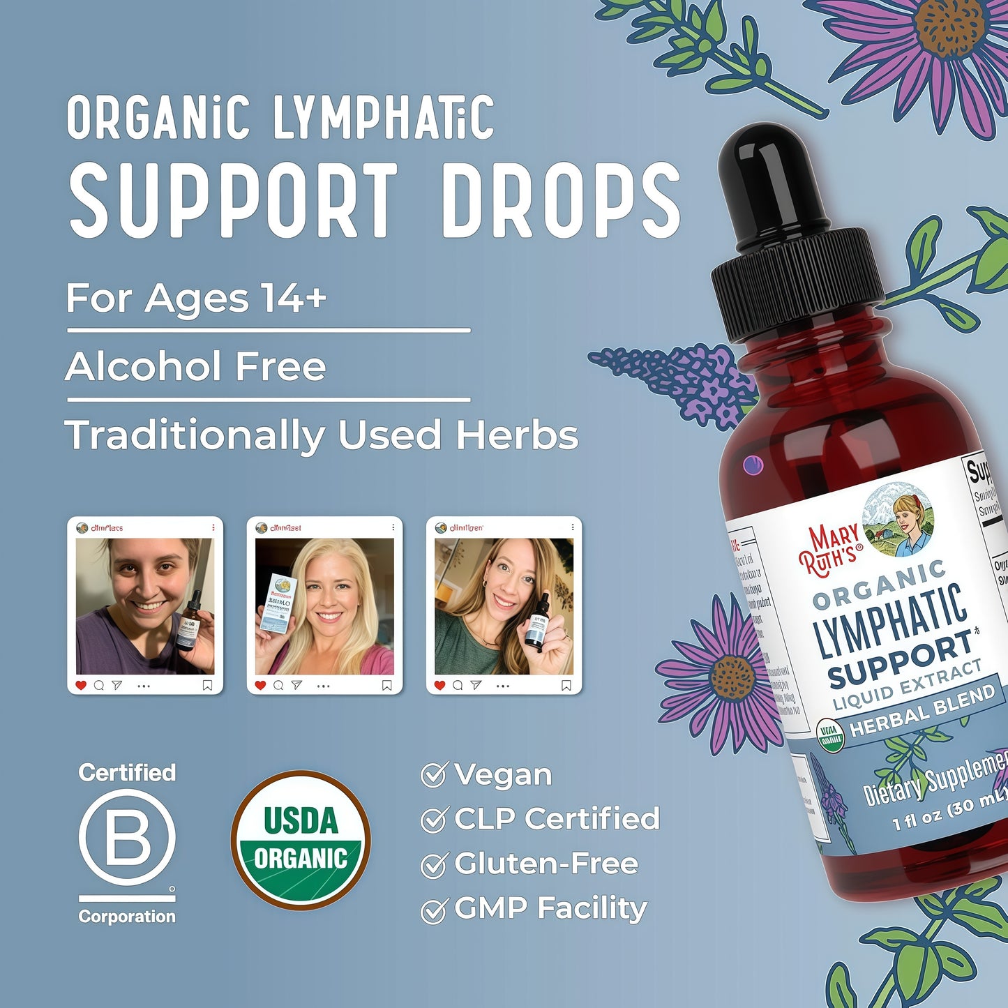 MARYRUTH'S Lymphatic Support Liquid Drops USDA Organic | Herbal Blend with Echinacea & Elderberry | Blue Vervain | Vegan | Alcohol-Free | Non-GMO | 30 Servings